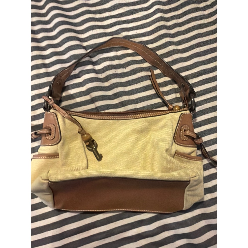 Fossil Canvas Leather Small Hobo Shoulder‎ Bag Cream Brown YKK